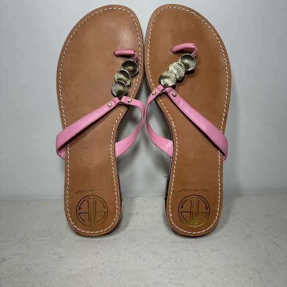 Lilly Pulitzer via Palm Beach Pink Leather Thong Sandals w/Gold Shells - Sz 10M - Picture 6 of 7